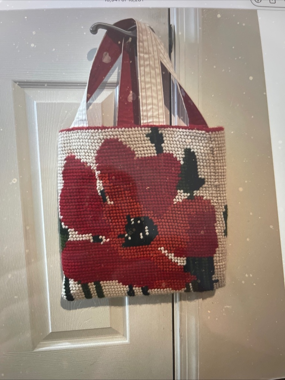 Needlepoint Shoulder Tote Bag Red Poppy 14" x 14" Fabric Liner White Hearts